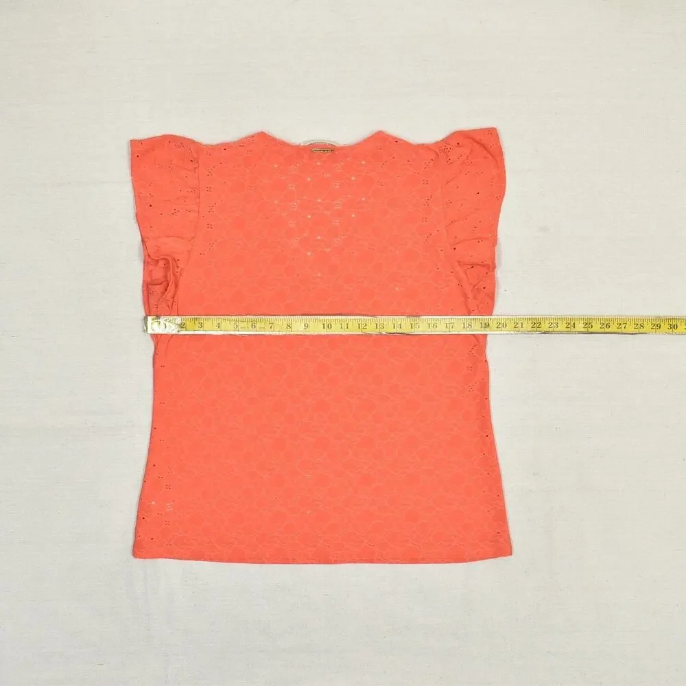 Michael Kors Women's Blouse V Neck Short Sleeve Floral Polyester Orange Size L